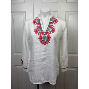 TSD Two Star Dog Women's 100% Linen White Embroidered Tunic Top Size Extra Small